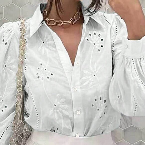 White Casual Women's Hollow Out Embroidery Button Front Long Sleeve Shirt - Picture 5 of 5